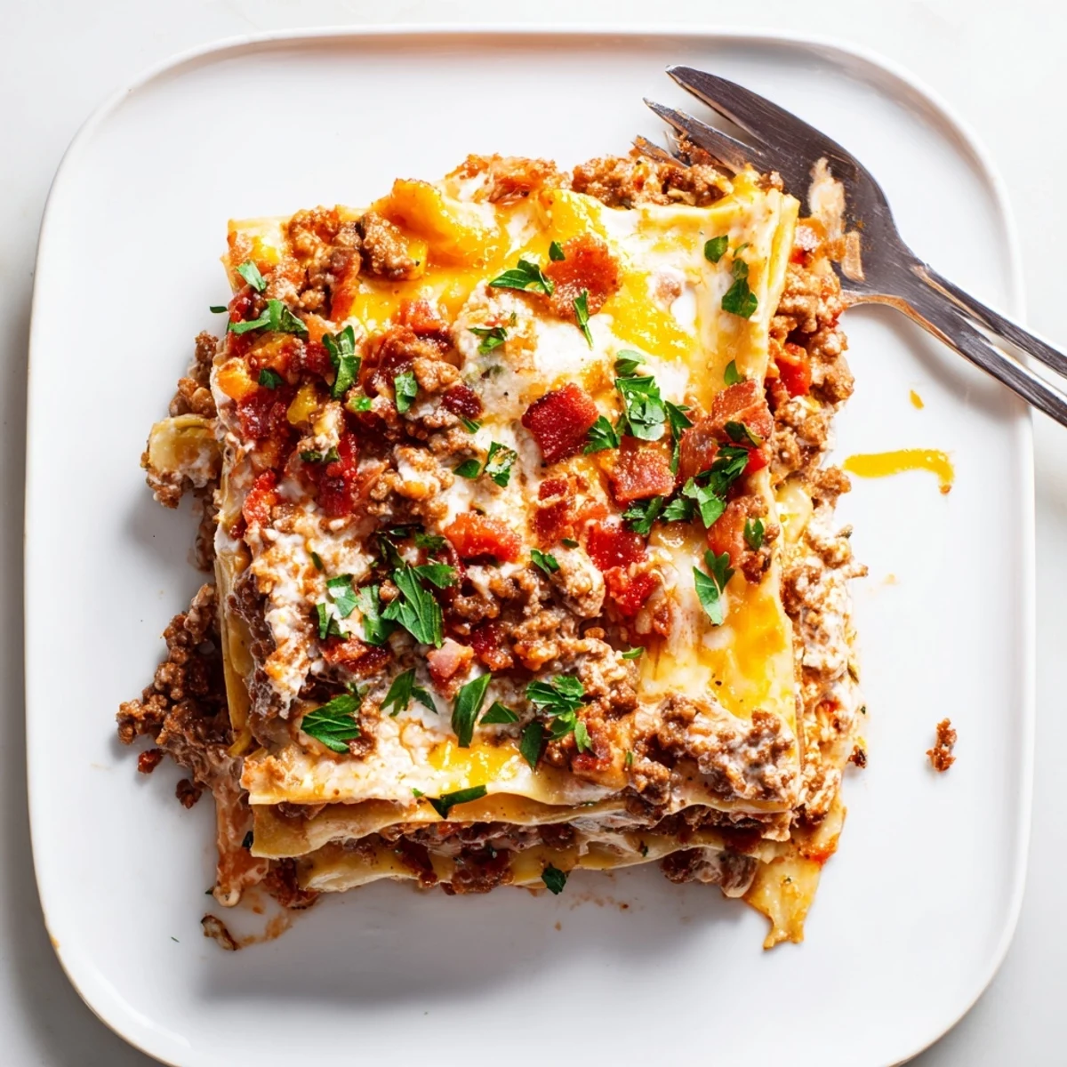 Golden-brown Lasagna Meets Cheeseburger Parmesan Garlic Bacon Style with melted cheddar, mozzarella, and crispy bacon crumbles on top.