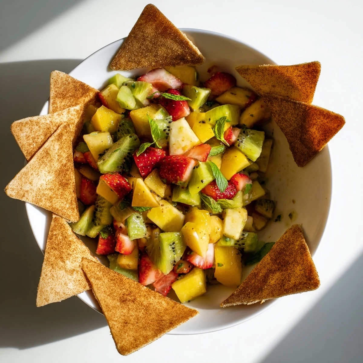 Fresh diced strawberries, kiwi, and mango in Fruit Salsa With Cinnamon Sugar Tortilla Chips