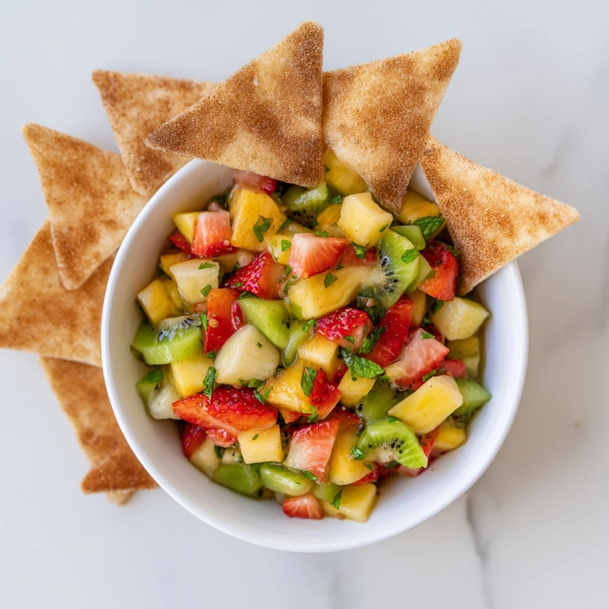 A close-up of Fruit Salsa With Cinnamon Sugar Tortilla Chips with golden-brown cinnamon-sugar triangles