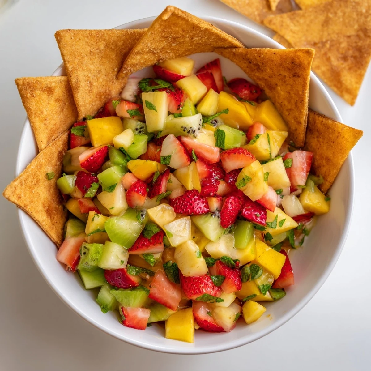 Fruit Salsa With Cinnamon Sugar Tortilla Chips served chilled in a bowl with sparkling lemonade