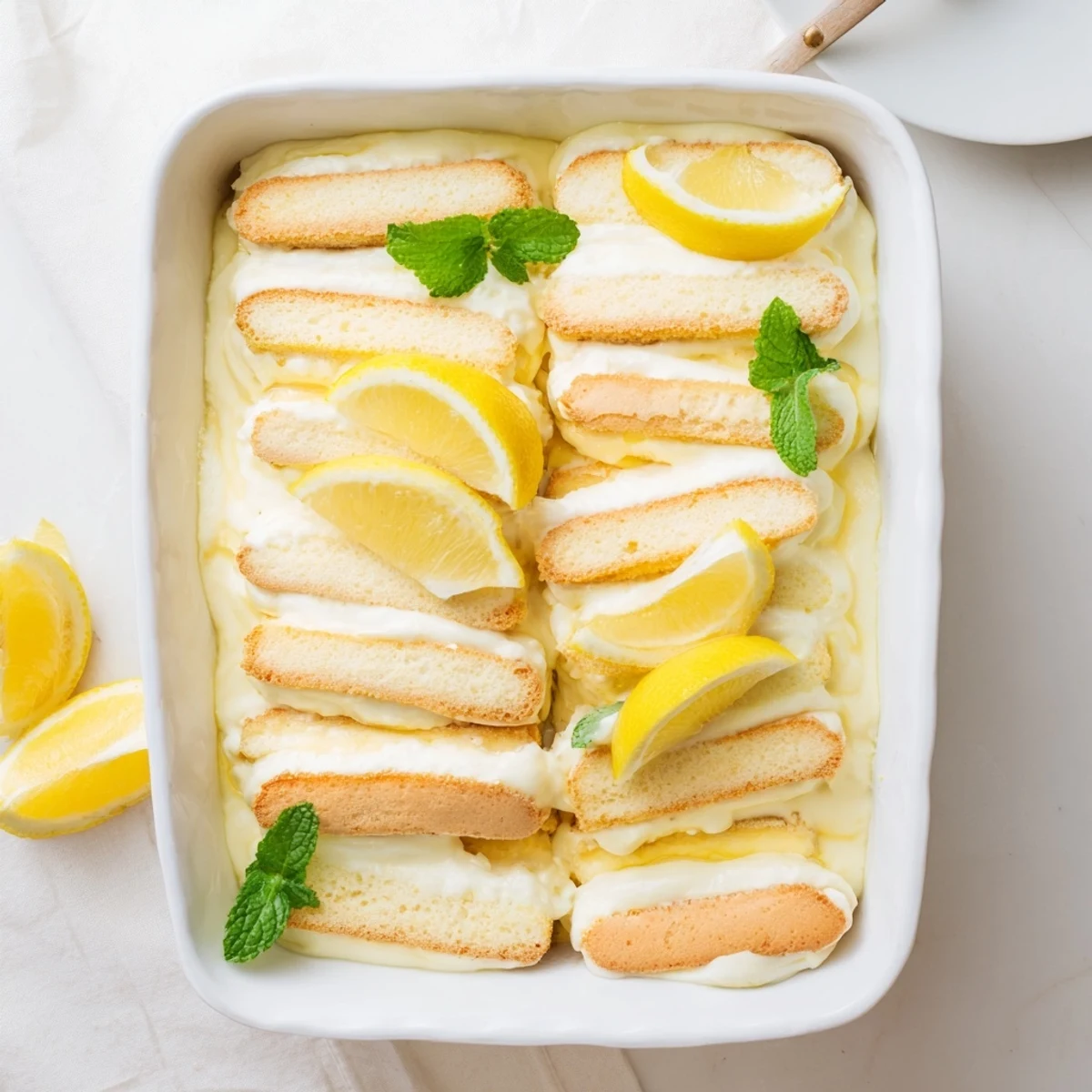 A close-up shot of Lemon Tiramisu in a glass dish, featuring creamy mascarpone layers and soaked ladyfingers.