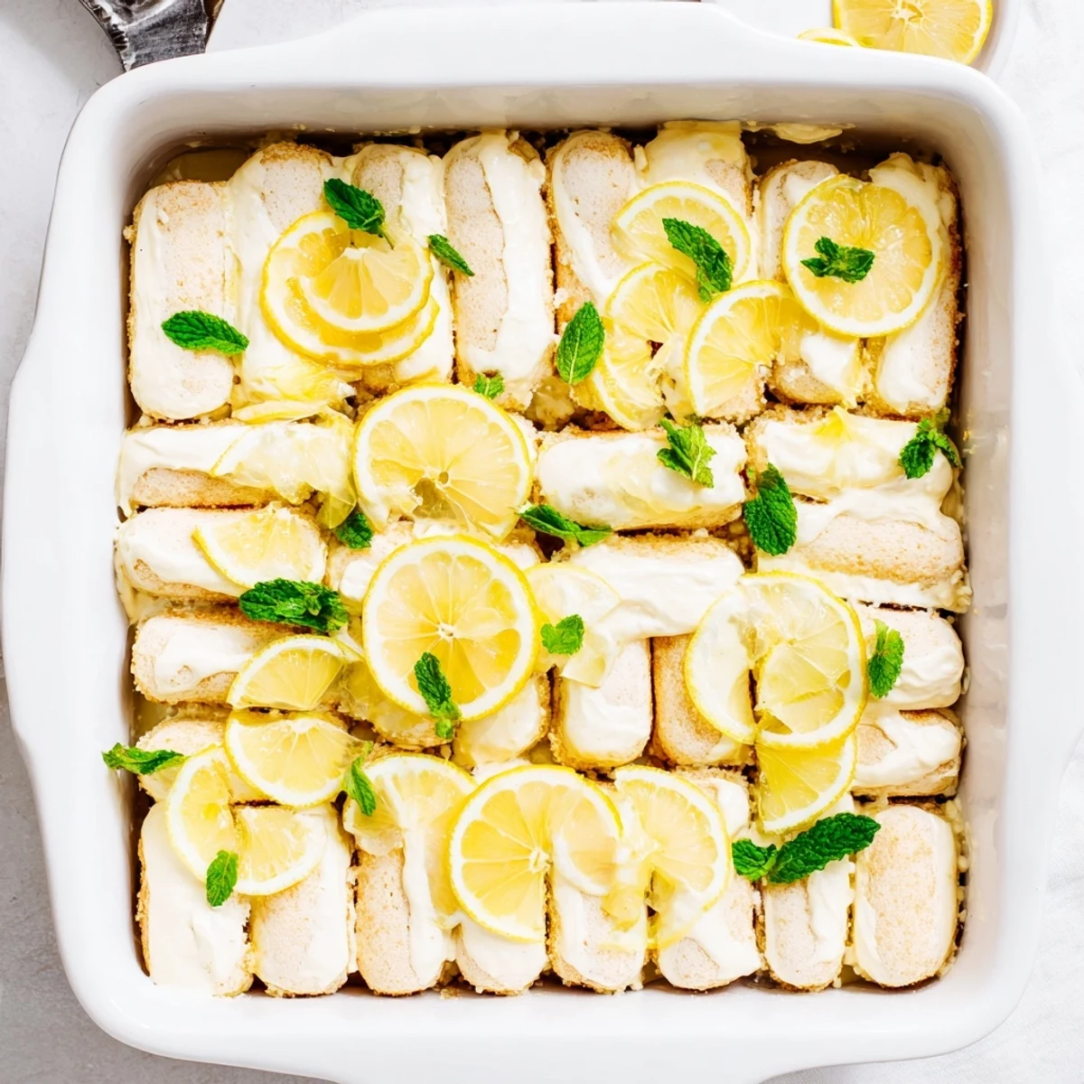Overhead view of layered Lemon Tiramisu dessert with fresh mint and lemon slices on a marble surface.
