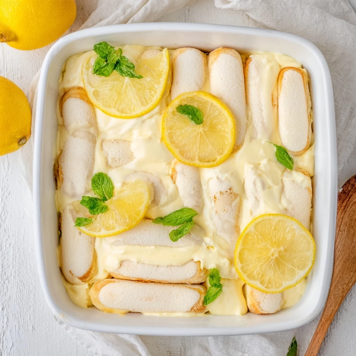 Serving suggestion for Lemon Tiramisu topped with lemon zest and a sprig of mint on a rustic table.