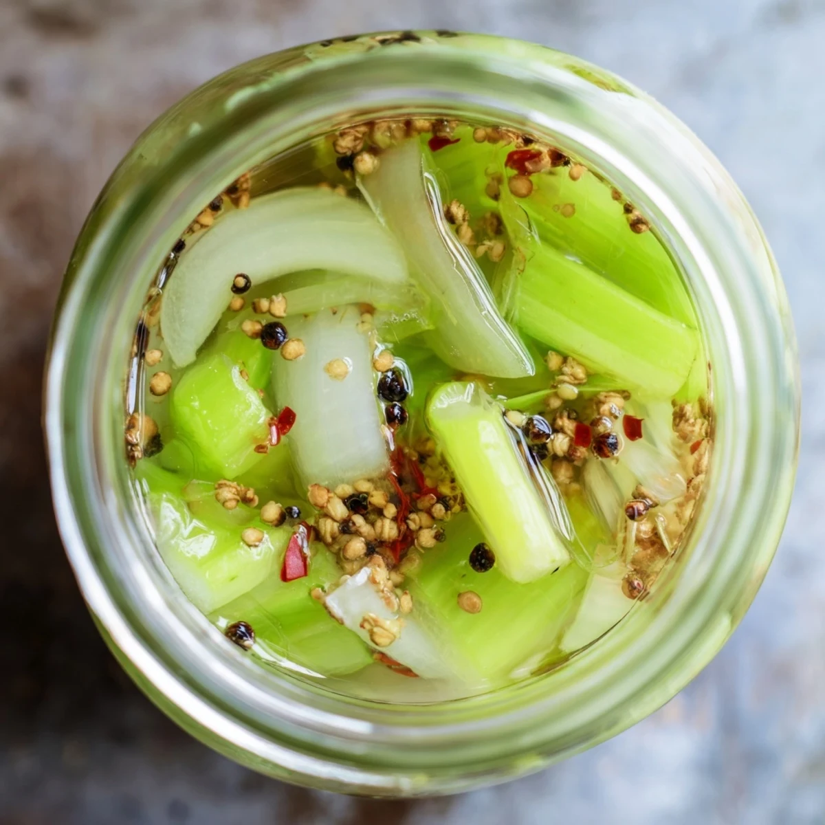 Vibrant Quick Pickled Celery jar on a marble counter, brine catching light, perfect for low-calorie snacking.
