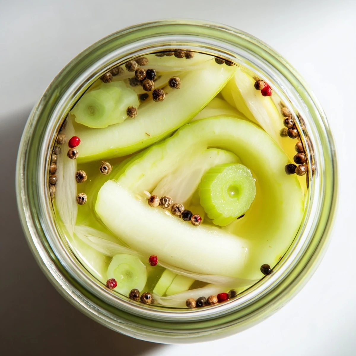 Quick Pickled Celery arranged beside a sandwich and salad, garnished with shallots, ready for a refreshing side.