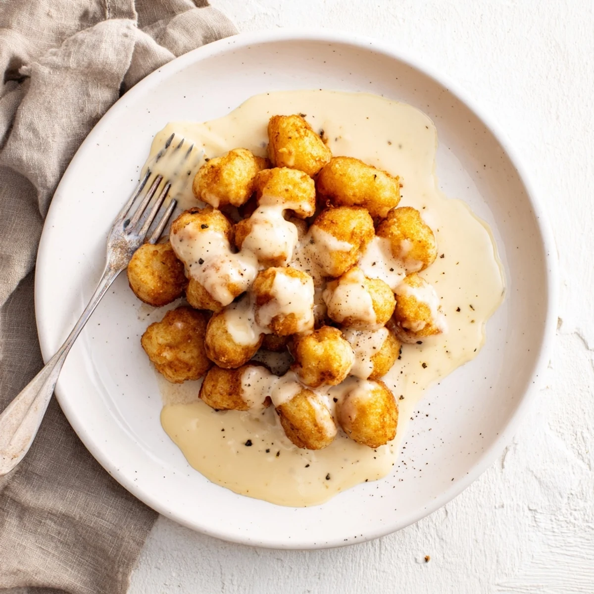 Golden-brown Chicken Fried Mushrooms with Gravy piled high on a plate, creamy sauce drizzled over crispy battered bites.