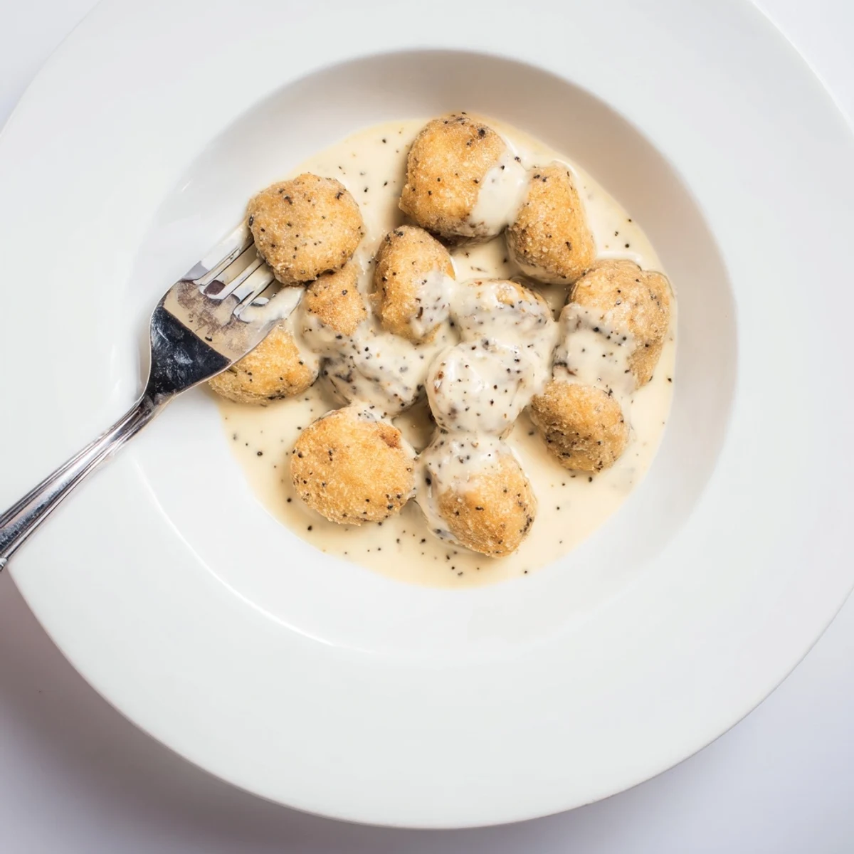 Close-up of Chicken Fried Mushrooms with Gravy, showing a forkful of golden-fried mushroom and peppery white gravy.