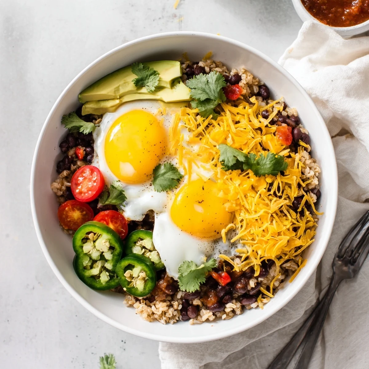 Tex Mex Inspired Breakfast Bowl garnished with creamy avocado slices and jalapeños, served alongside lime wedges for extra zest.