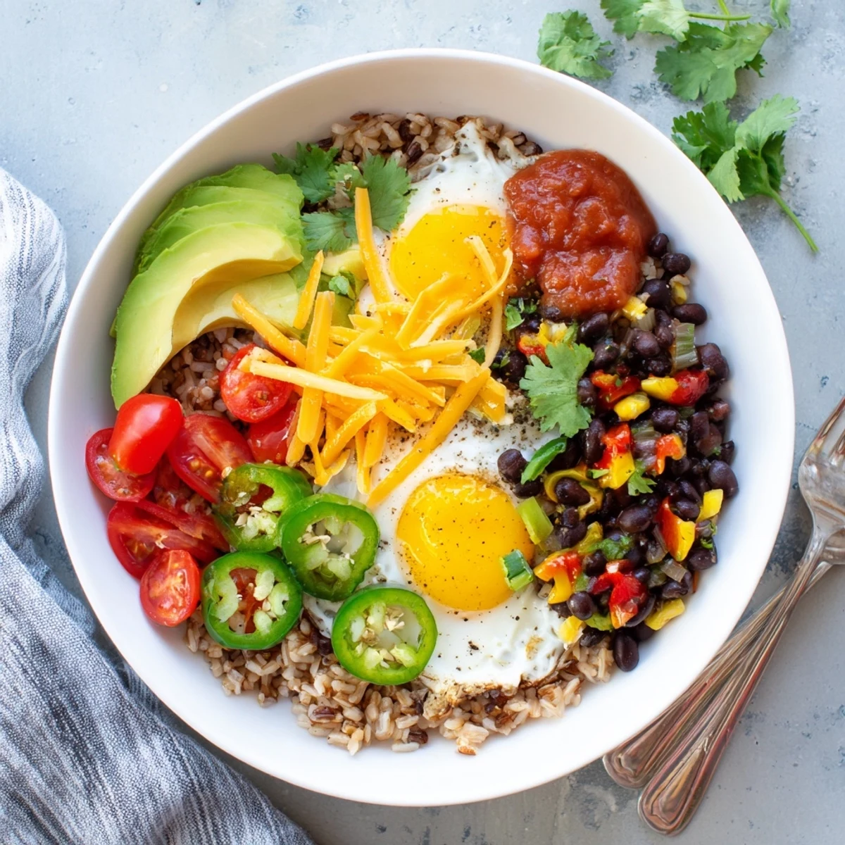 A vibrant Tex Mex Inspired Breakfast Bowl layered with rice, beans, and a perfectly cooked egg topped with fresh salsa.