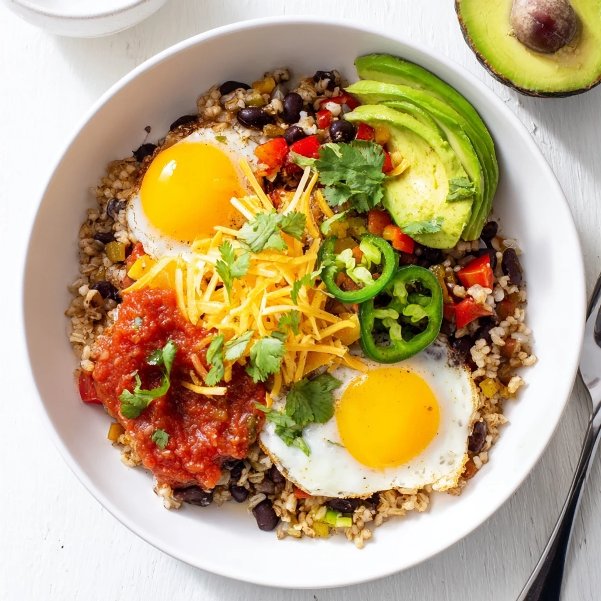 Spoon through a hearty Tex Mex Inspired Breakfast Bowl featuring colorful veggies, melted cheese, and cilantro for a fresh finish.