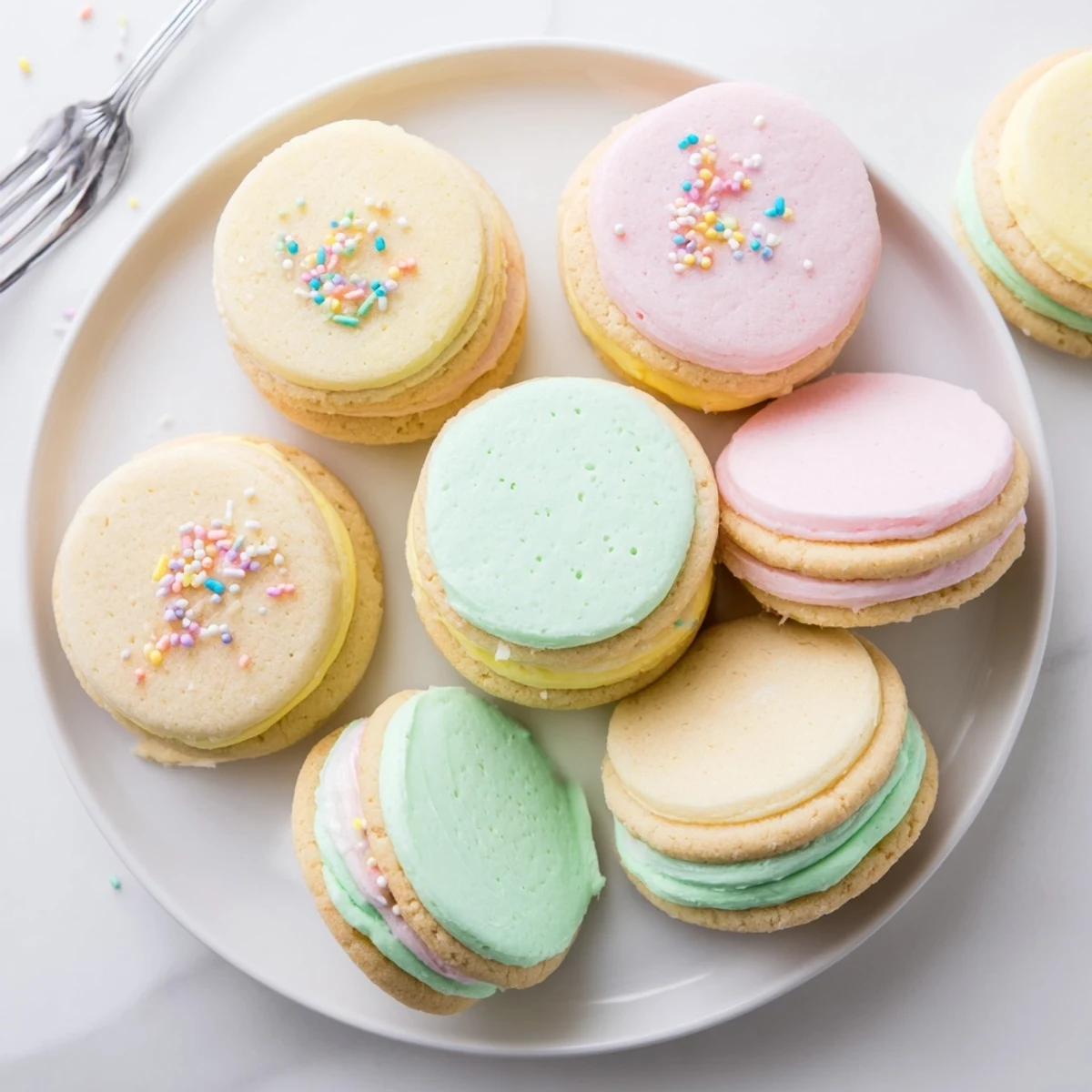Three pastel sugar cookie sandwiches with pastel buttercream filling sit on a white plate near a glass of milk for a spring gathering.