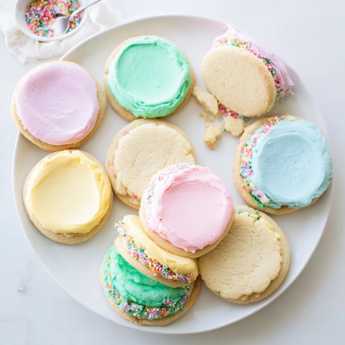 Delicate pastel sugar cookie sandwiches with vibrant buttercream filling are stacked high on a wire cooling rack in a sunlit kitchen.