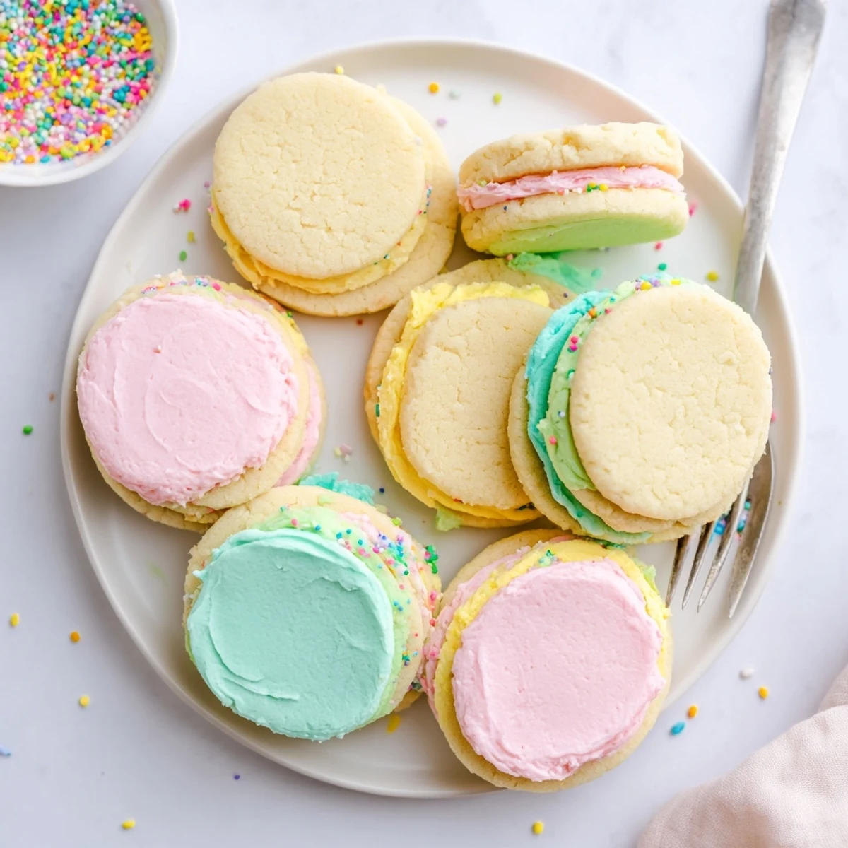 Enjoy a close-up view of pastel sugar cookie sandwiches with a bite taken out, revealing the smooth buttercream filling on a marble countertop.