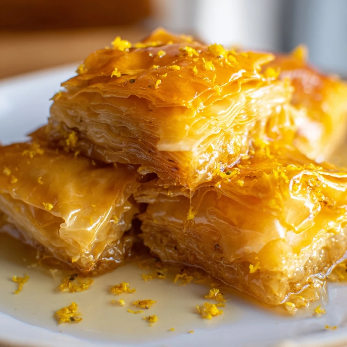 A slice of Portokalopita Greek dessert with syrup-soaked phyllo layers on a plate with fresh orange zest.