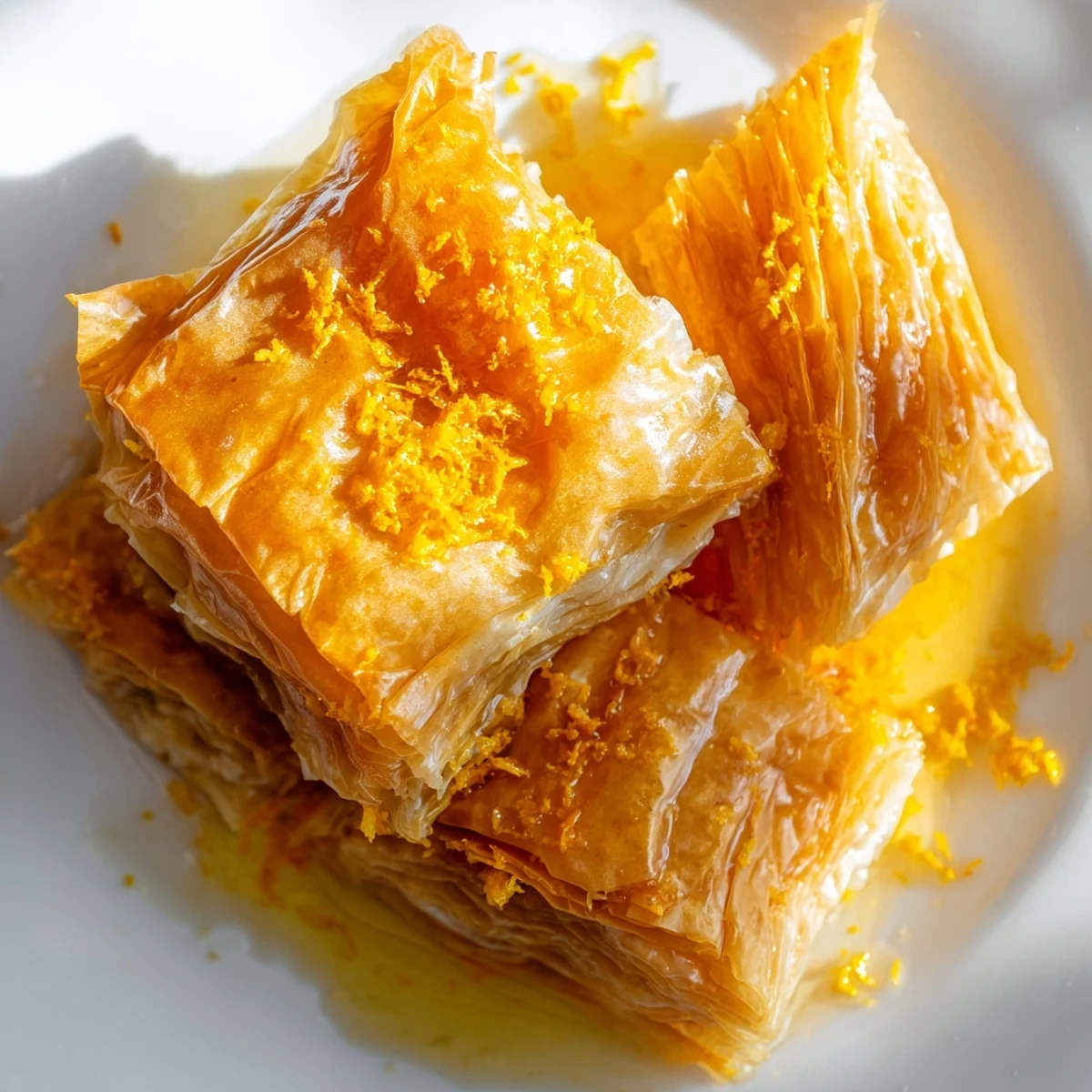 Golden baked Portokalopita Greek dessert ready to serve, topped with orange zest and a dollop of whipped cream.