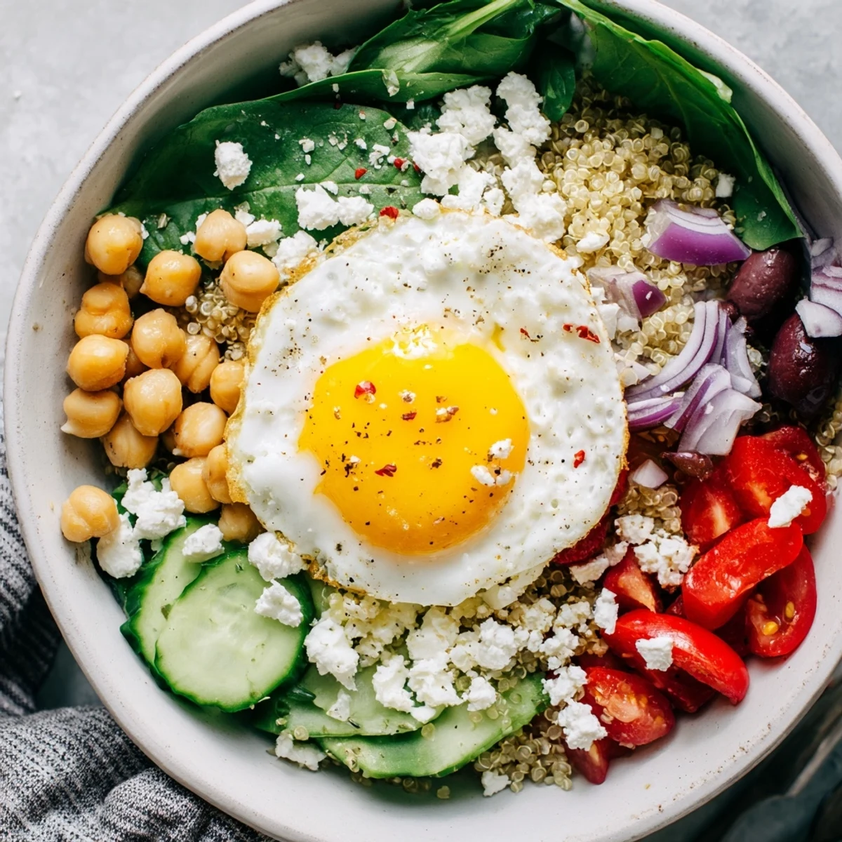 A vibrant Mediterranean Breakfast Bowl with fluffy quinoa, roasted vegetables, and a soft poached egg.