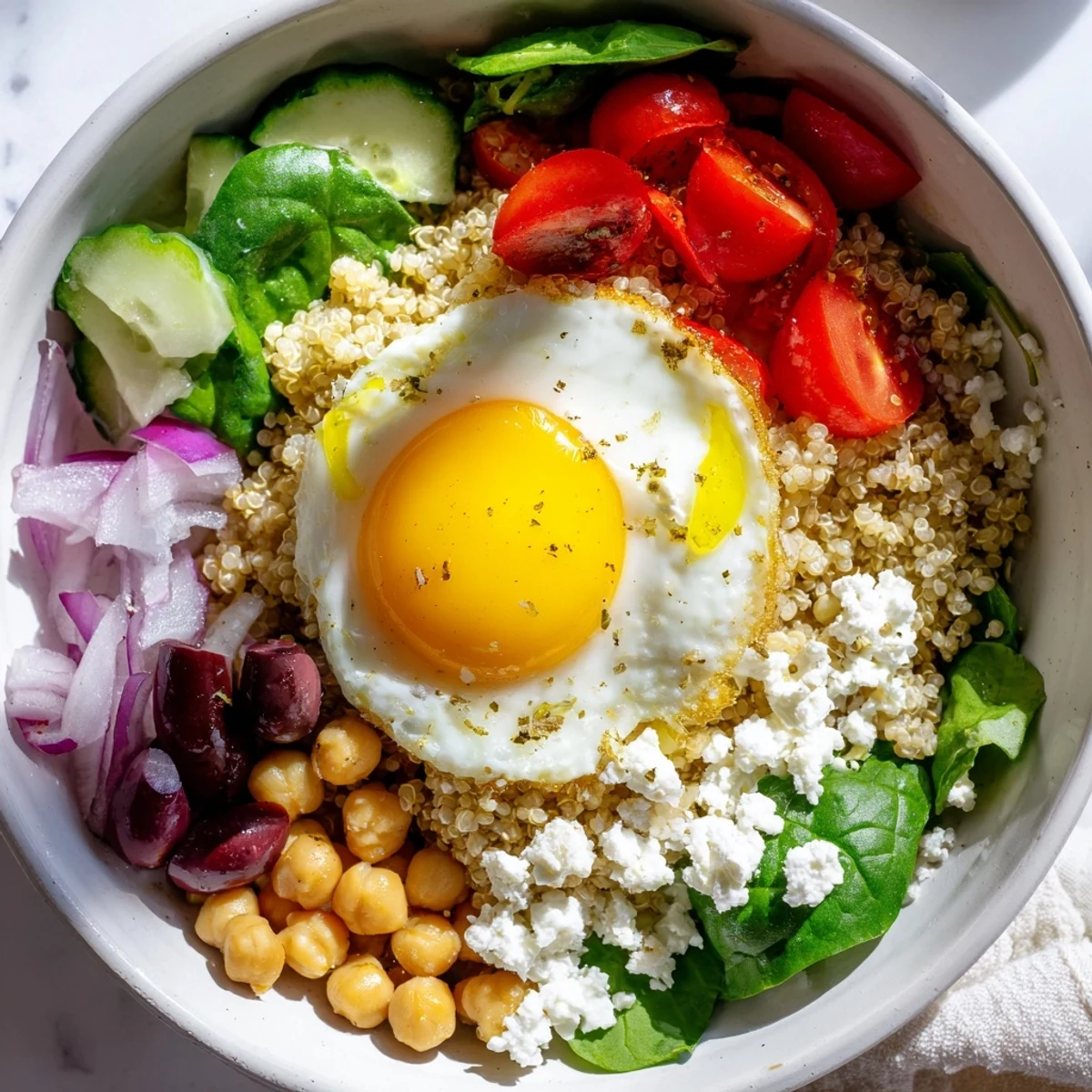 Colorful Mediterranean Breakfast Bowls topped with cherry tomatoes, cucumbers, feta, and a drizzle of olive oil dressing.