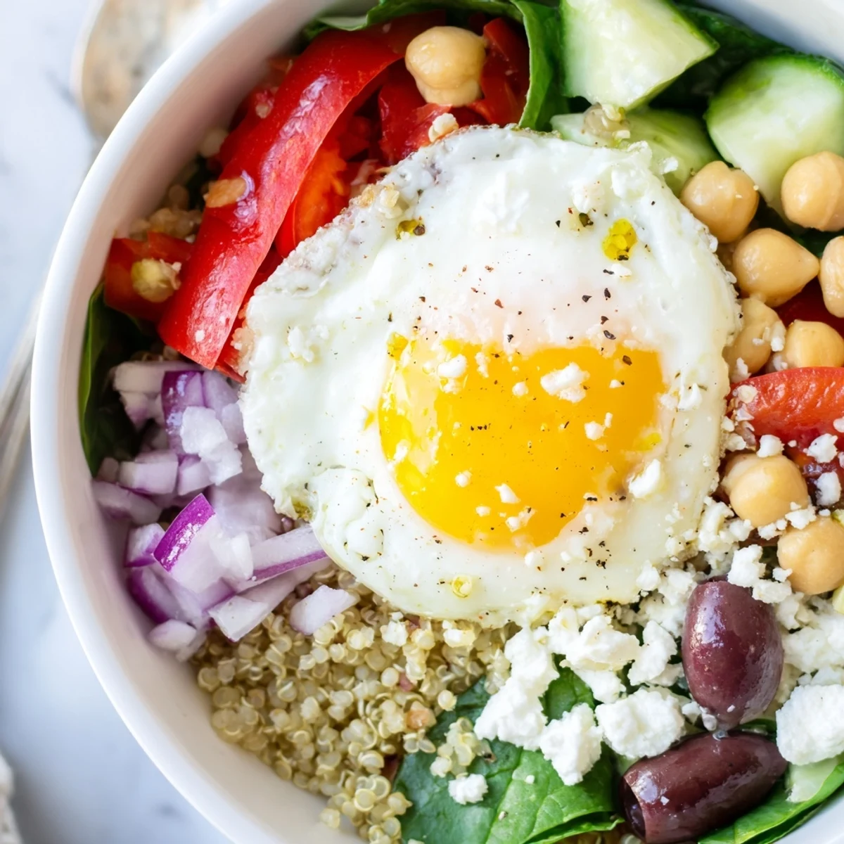 Hearty Mediterranean Breakfast Bowls featuring a runny egg, chickpeas, and Kalamata olives for a savory morning meal.