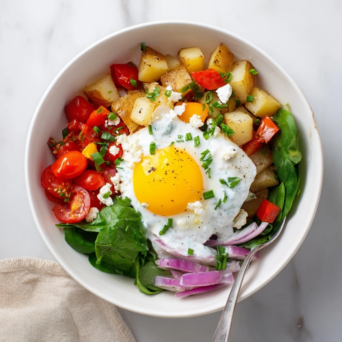 Freshly fried eggs sit atop a colorful Savory Breakfast Bowl with sautéed spinach and roasted potatoes.