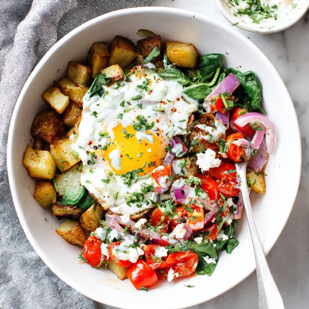 This Savory Breakfast Bowl features crispy Yukon Gold potatoes, creamy yogurt sauce, and a perfectly poached egg.