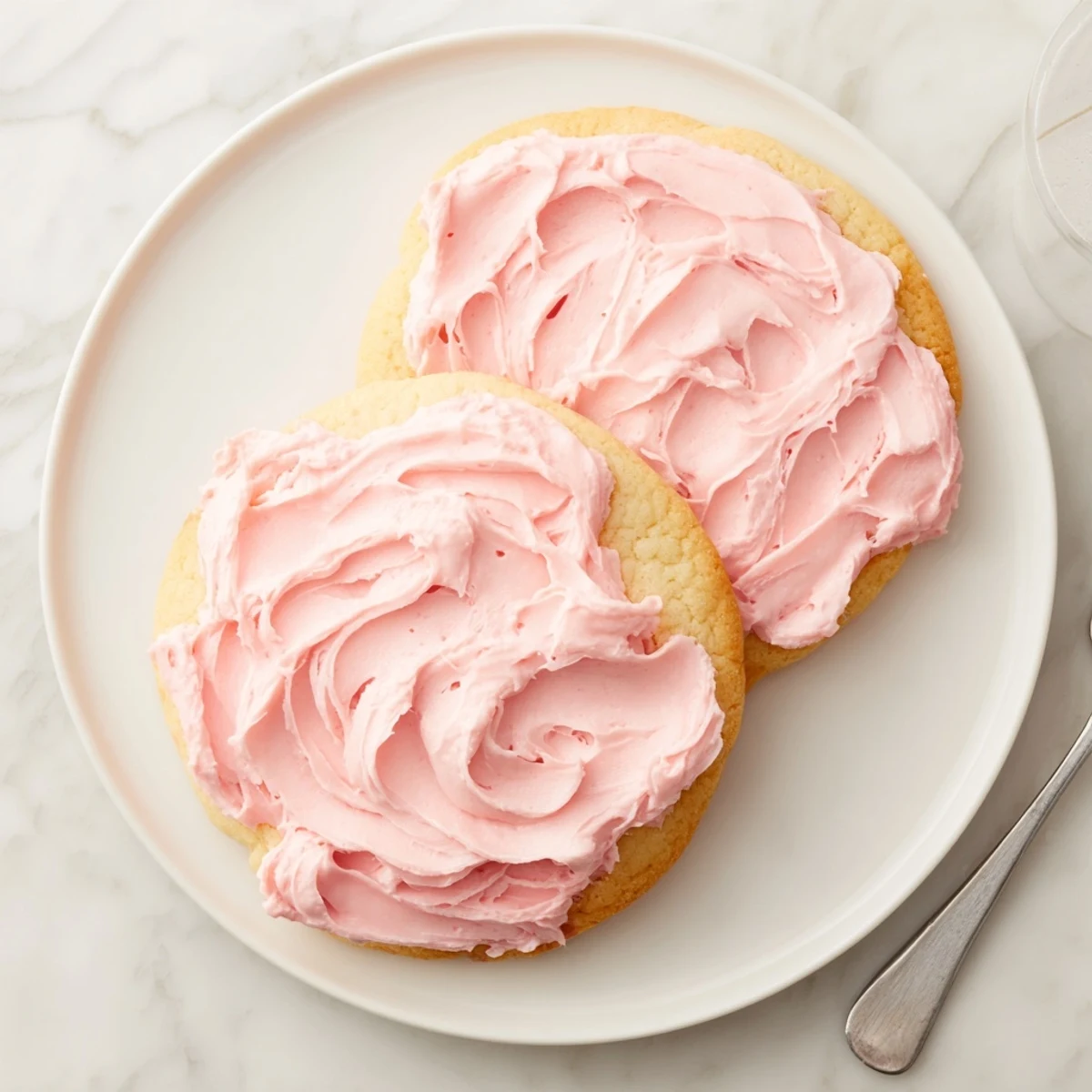 Thick, soft sugar cookies topped with pastel frosting, perfect for a bake sale.