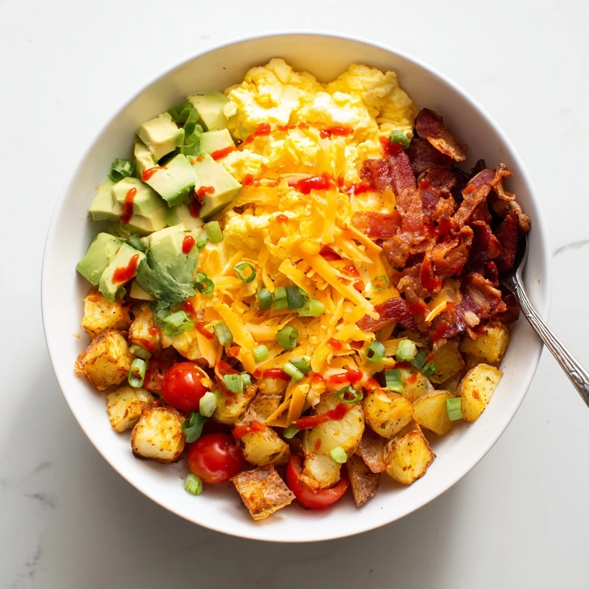 A close-up shows diced bacon, halved cherry tomatoes, and green onions adding color to a hearty loaded breakfast bowl.