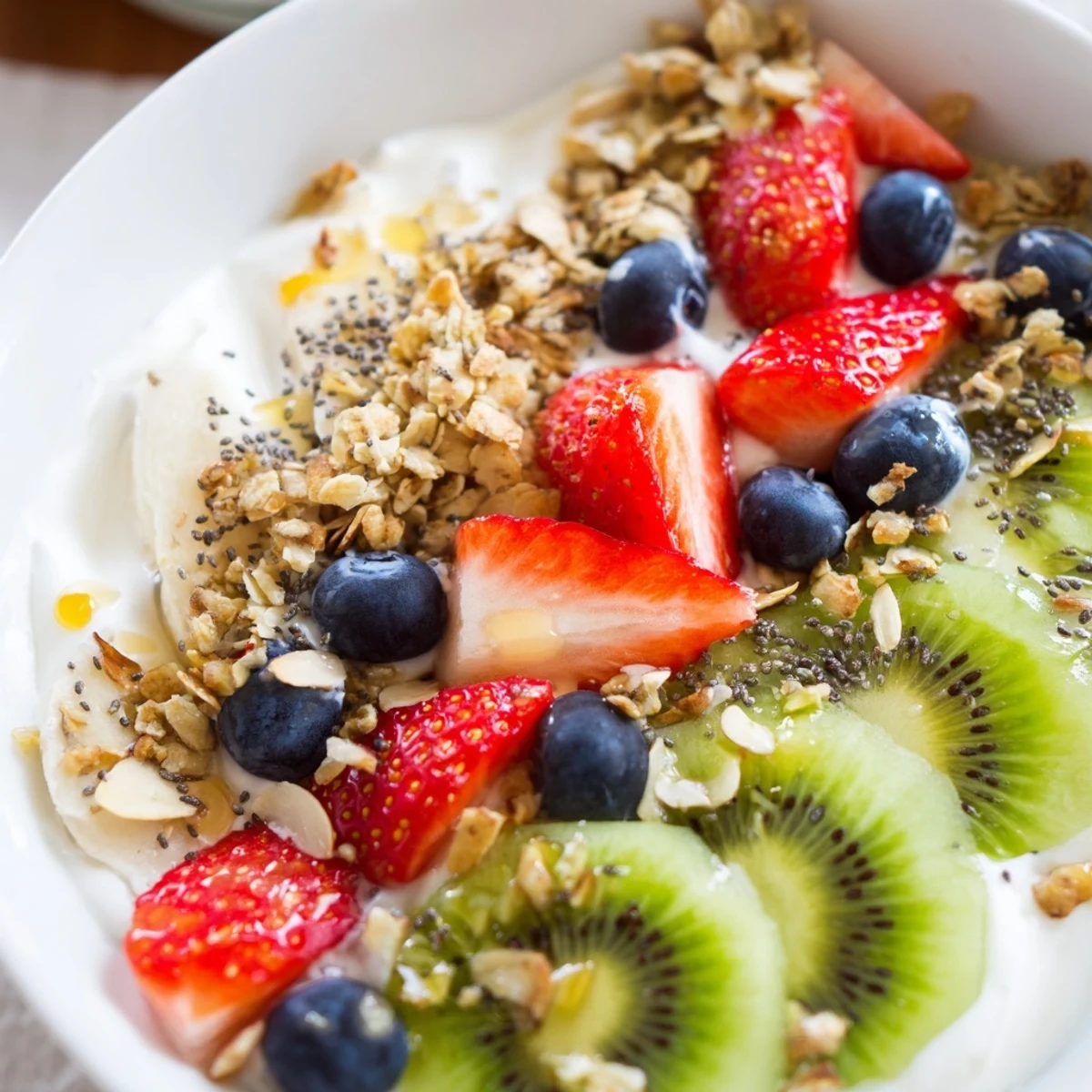 Vibrant Healthy Breakfast Bowl with Greek yogurt, fresh strawberries, and crunchy granola topped with honey.