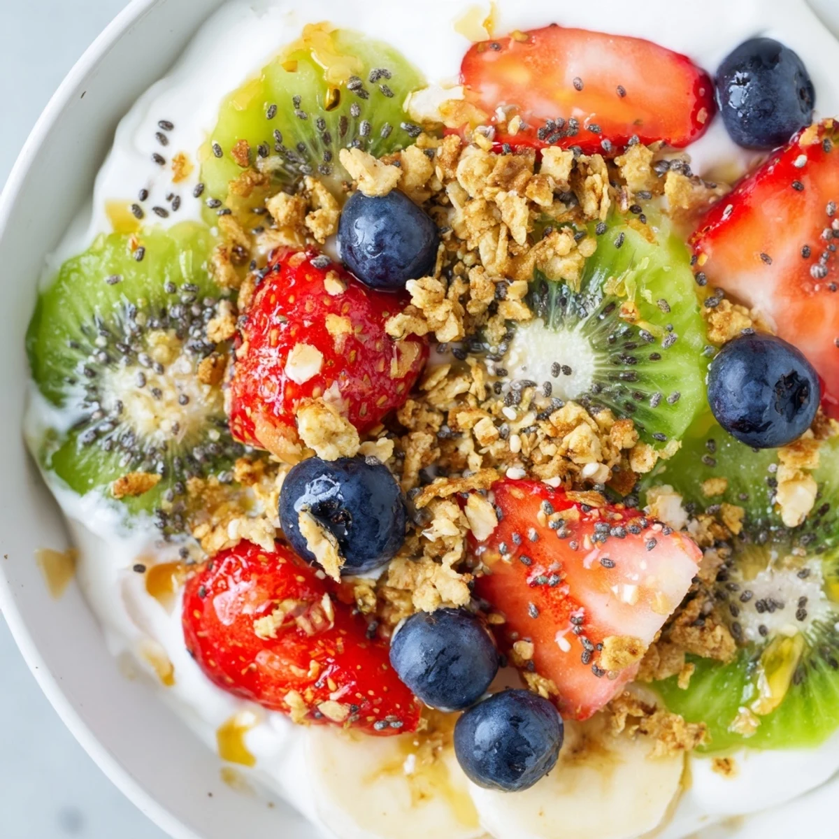 Healthy Breakfast Bowl served with kiwi, shredded coconut, chia seeds, and walnuts for a nutritious start.
