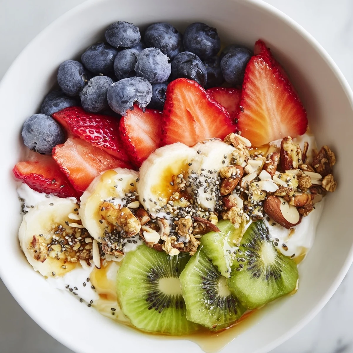 Healthy Breakfast Bowl featuring creamy yogurt, sliced banana, blueberries, and almonds on a bright morning.