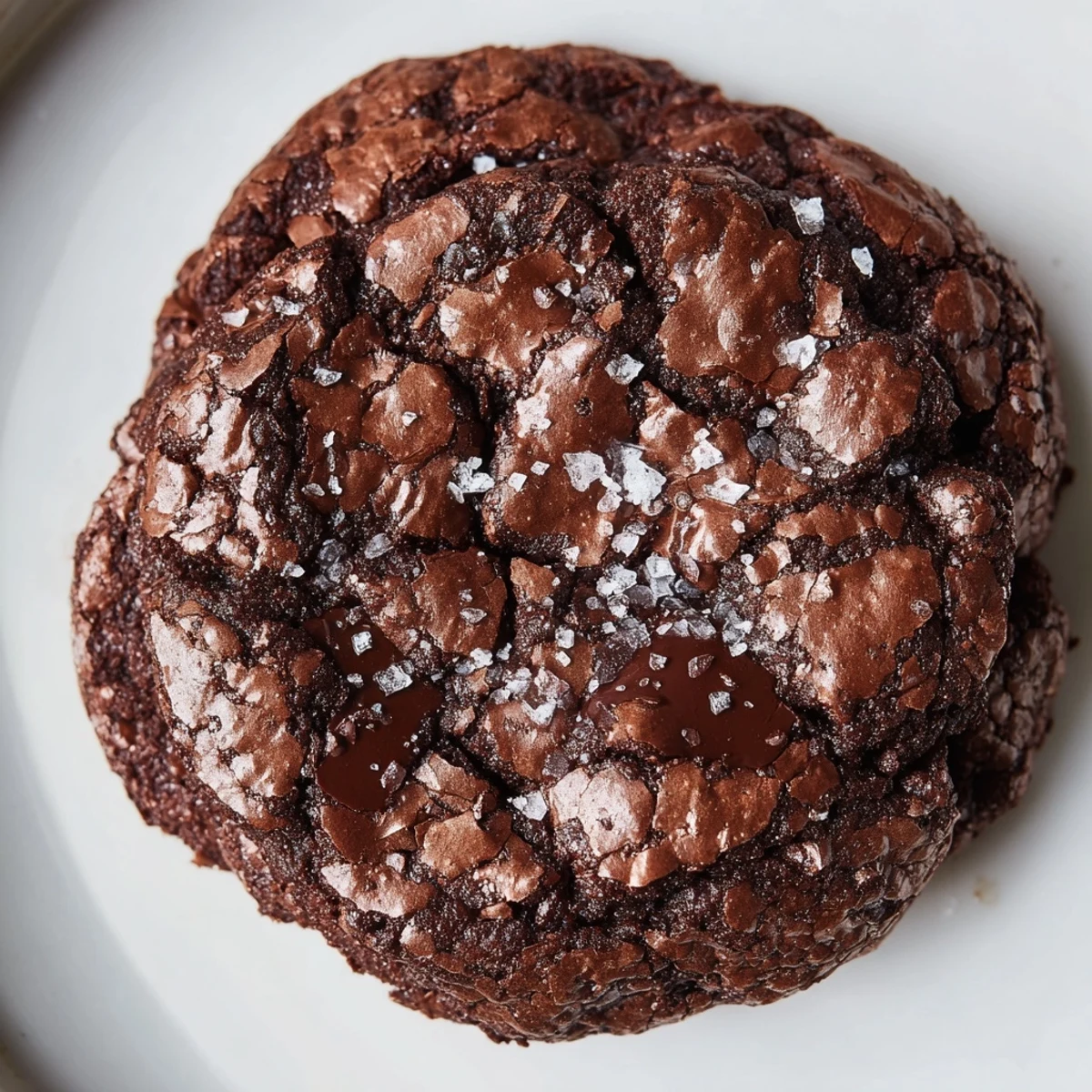 The image shows Gourmet Brownie Cookies on a white plate, highlighting their crackled tops and fudgy centers.