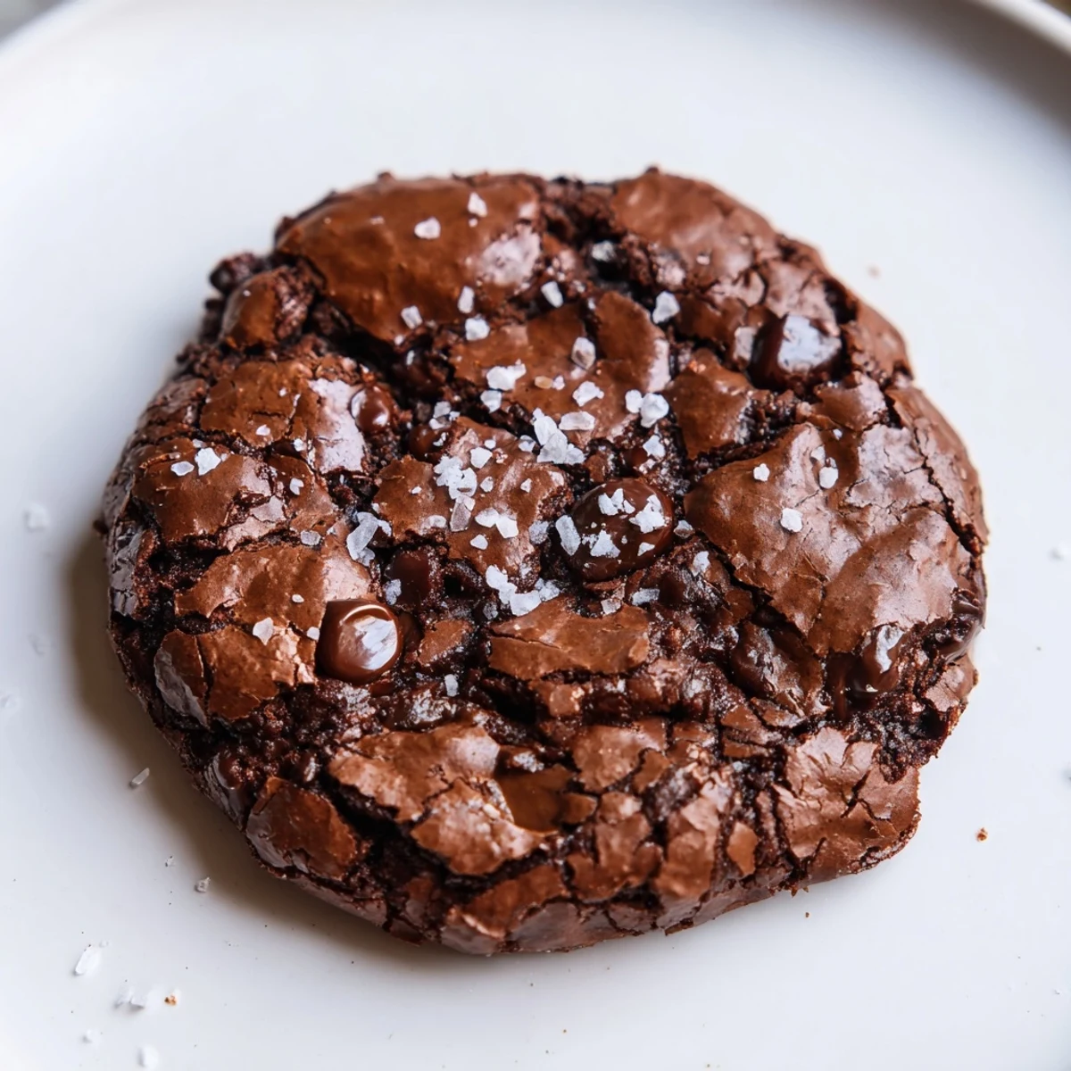A close-up of freshly baked Gourmet Brownie Cookies with rich chocolate chips and a sprinkle of flaky sea salt.
