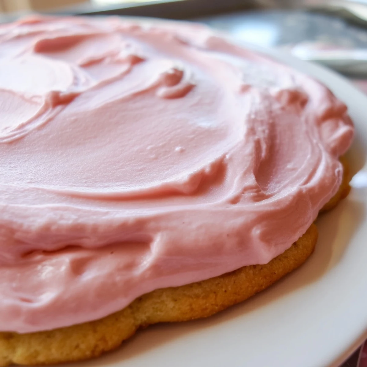 A close-up of Crumbl Sugar Cookies showing their soft center and smooth pastel frosting beside a glass of milk.