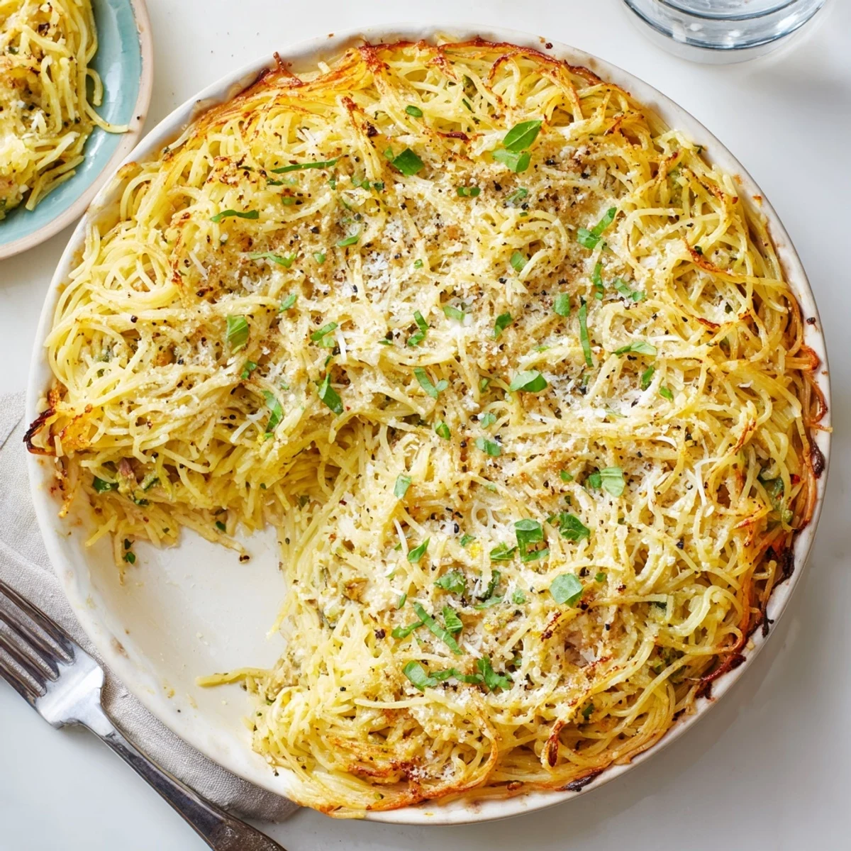 Golden baked Impossible Pasta Pie with melted mozzarella and Parmesan on a white plate.
