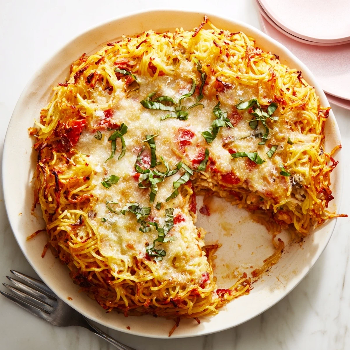 A golden-brown Impossible Pasta Pie slice rests on a white plate, revealing layers of spaghetti, melted mozzarella, and Parmesan, ready to serve.