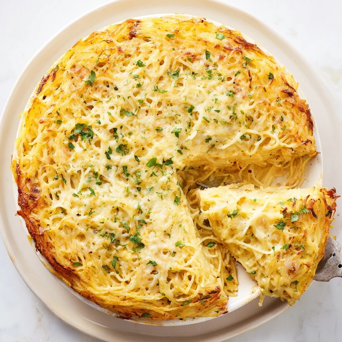 A close-up of the Impossible Pasta Pie slice shows egg-rich custard and sautéed onions and peppers, garnished with fresh basil.