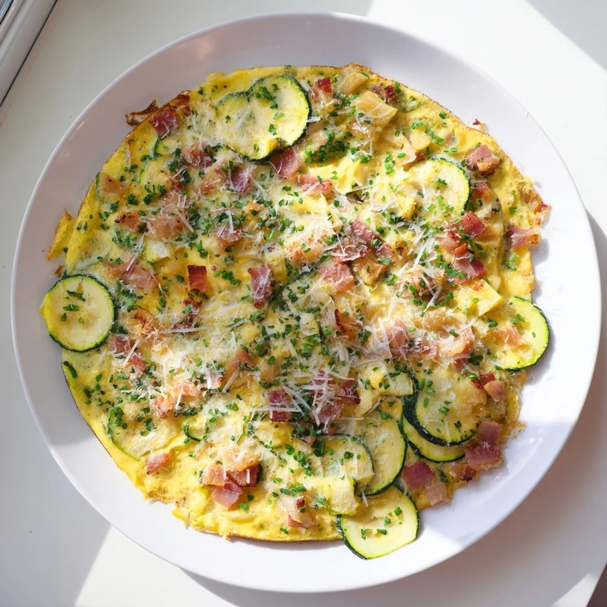 Golden slices of Zucchini Herb and Pancetta Frittata on a white plate, showing crisp edges and fresh green herbs.