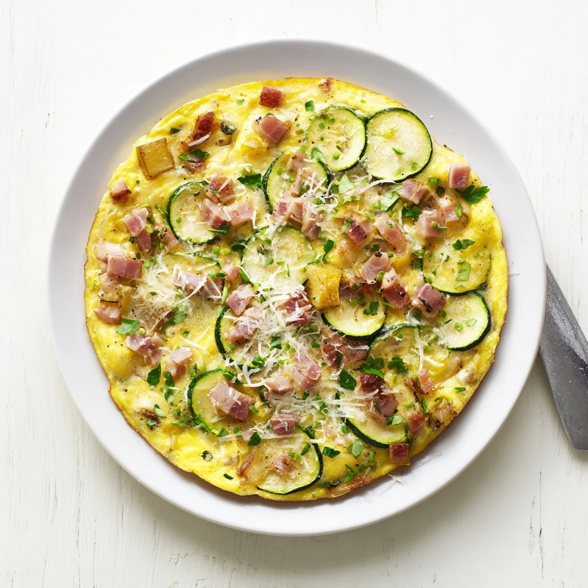 A close-up of Zucchini Herb and Pancetta Frittata with melted Parmesan and tender zucchini rounds in a rustic skillet.