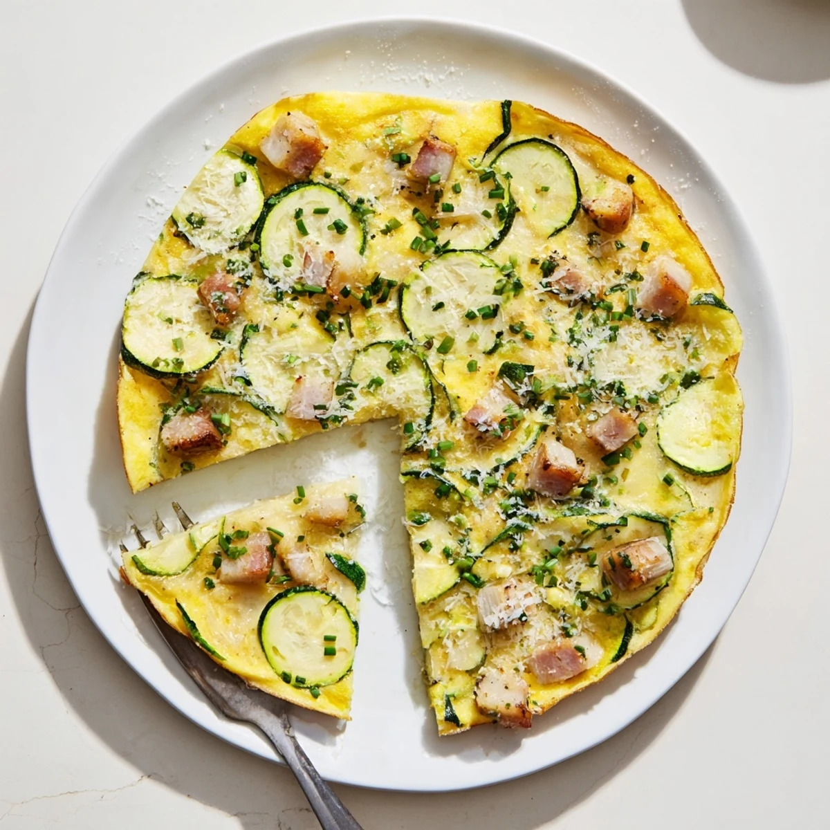 Freshly baked Zucchini Herb and Pancetta Frittata with golden top, served warm with a side salad for brunch.
