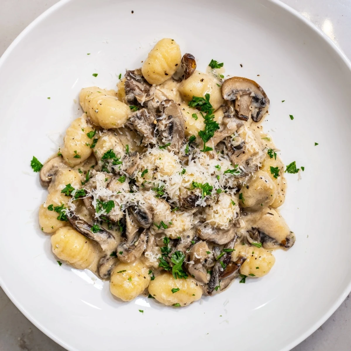 Creamy Mushroom Gnocchi is served in a warm bowl, garnished with fresh parsley and grated Parmesan cheese.