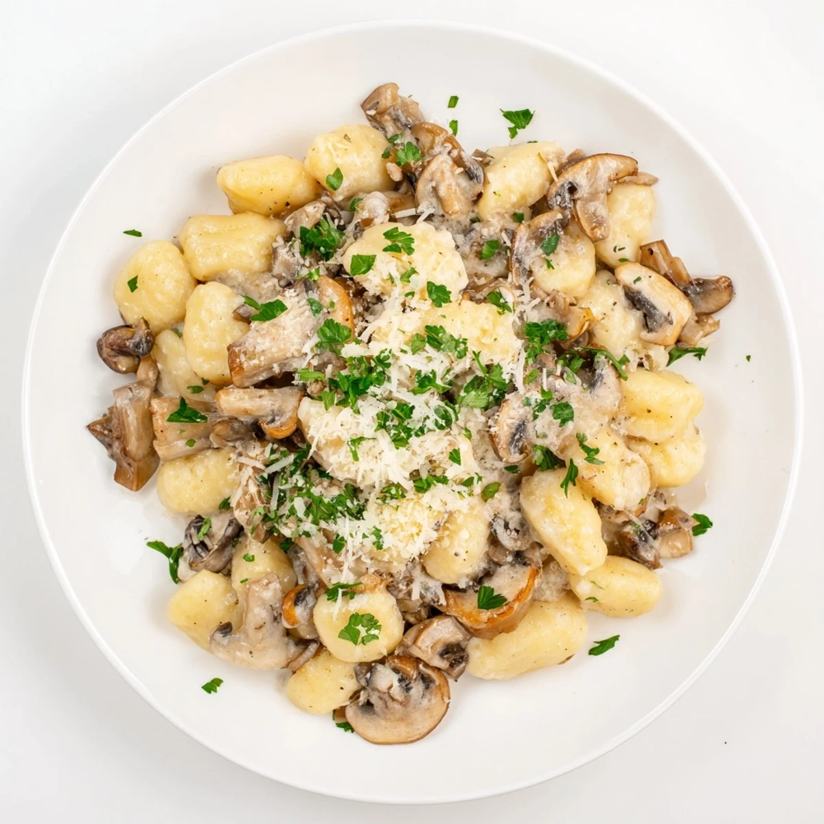 Close-up of Creamy Mushroom Gnocchi showing sautéed mushrooms and herbs in a rich, vegetarian Italian sauce.