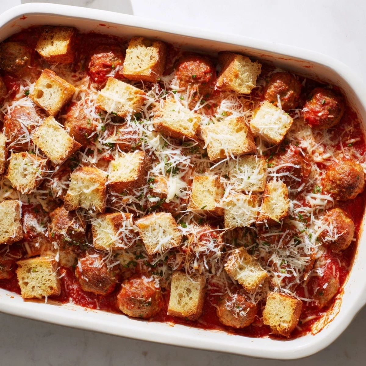 Family-style Turkey Meatball and Garlic Bread Bake with juicy turkey meatballs, melted mozzarella, and garlic butter bread on a rustic table.