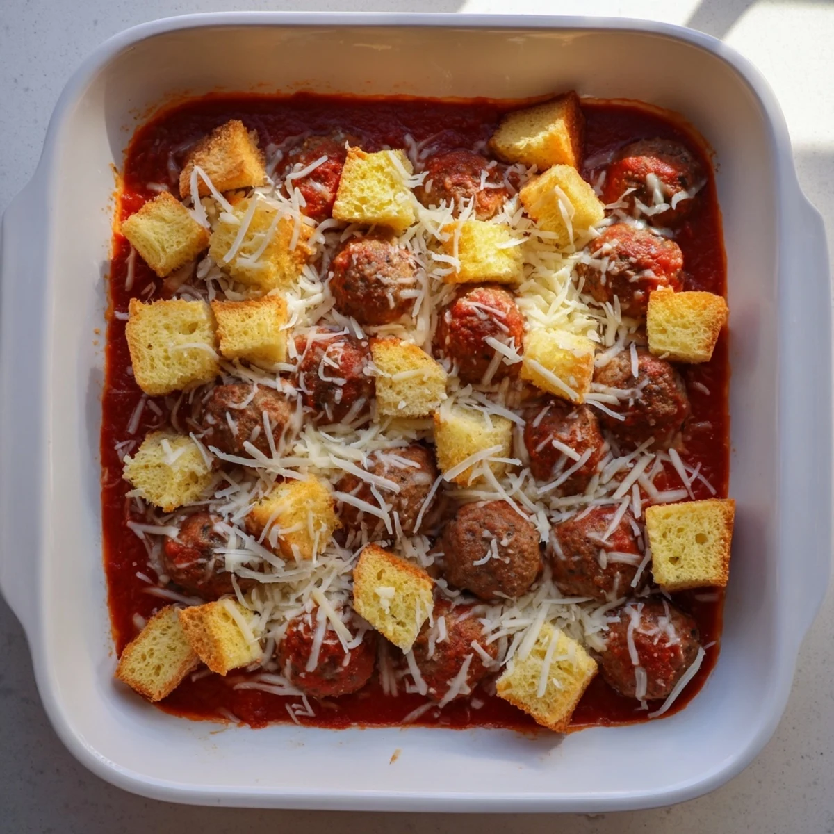 Golden, cheesy garlic bread cubes top a bubbling casserole of turkey meatballs in rich marinara sauce, Turkey Meatball and Garlic Bread Bake.