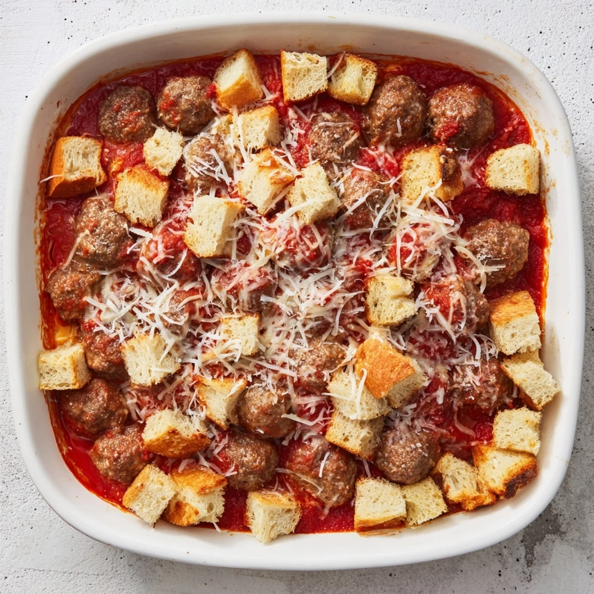 Close-up of Turkey Meatball and Garlic Bread Bake showing golden toasted bread topping over savory meatballs and red tomato sauce.