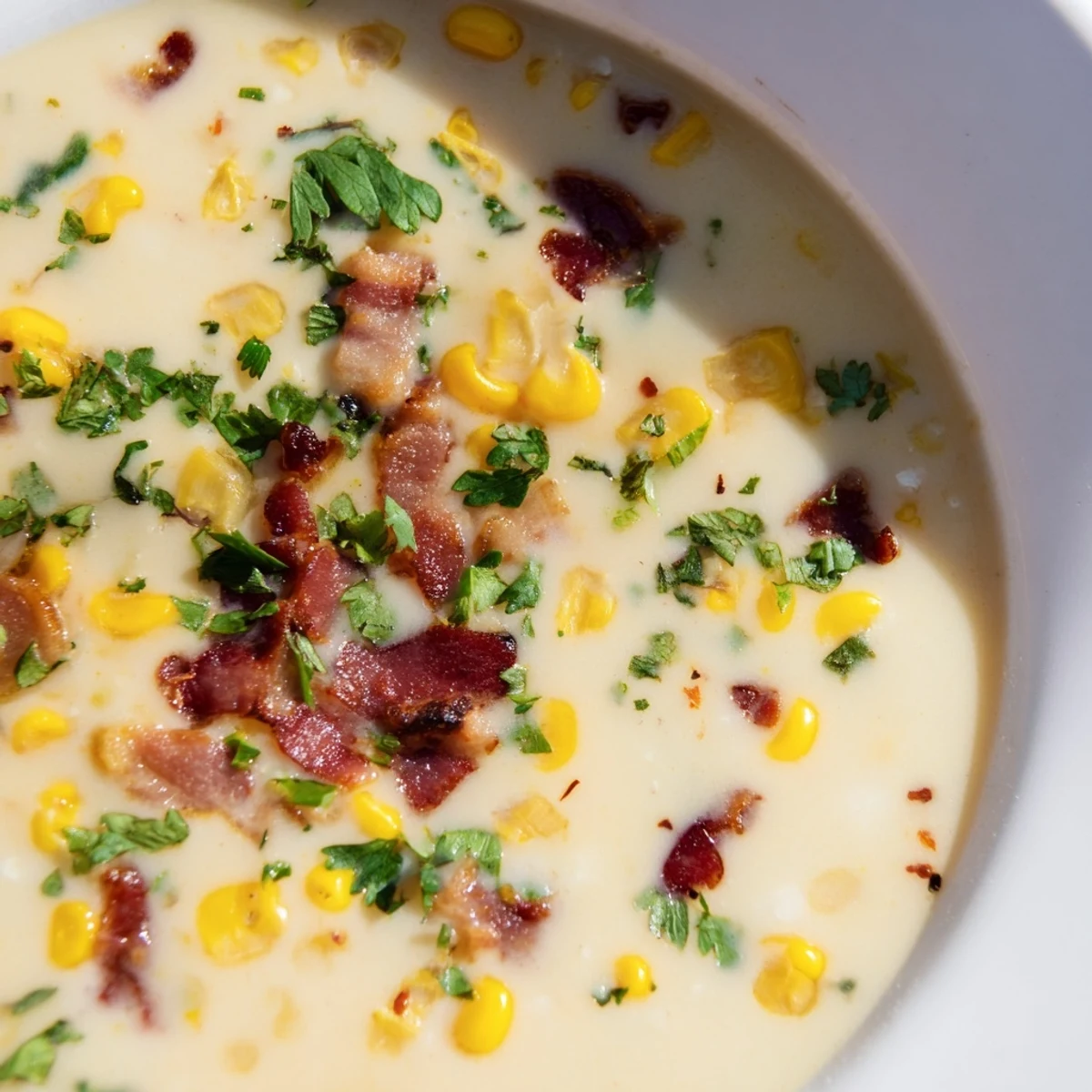 Creamy hot yoghurt soup with corn, bacon, and coriander garnished with fresh herbs in a rustic bowl.