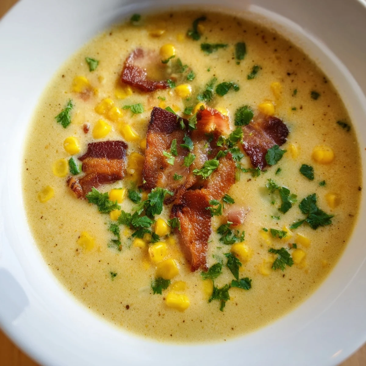 A steaming bowl of hot yoghurt soup with corn, bacon, and coriander served alongside crusty bread.