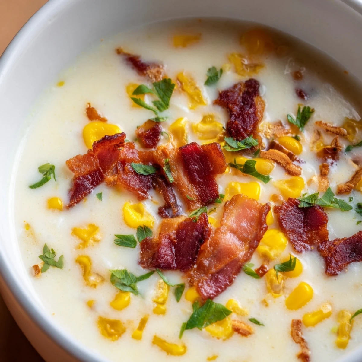 Hot yoghurt soup with corn, bacon, and coriander featuring golden bacon bits and vibrant green cilantro.