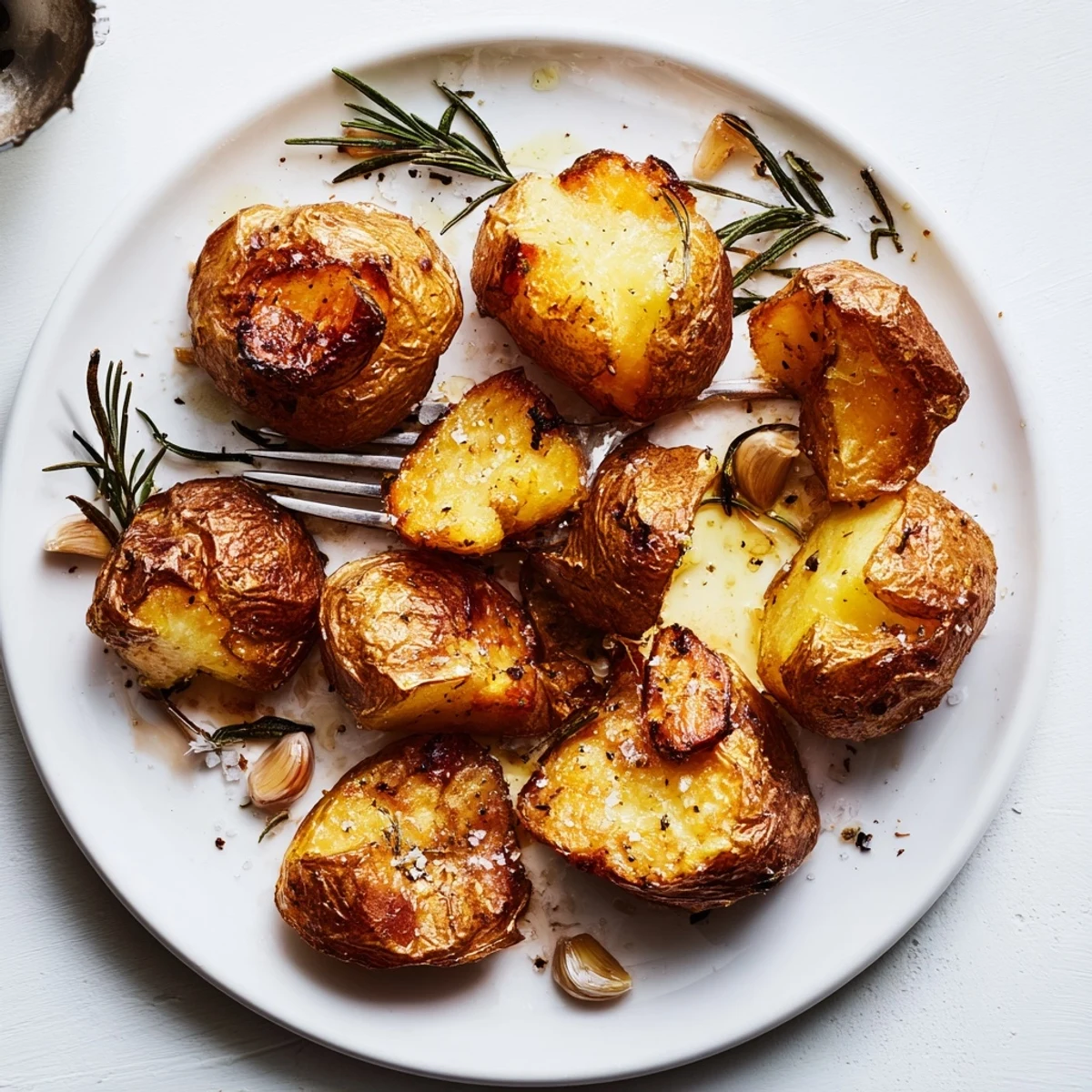 Perfect Crispy Roast Potatoes glistening with rosemary and garlic, roasted to perfection and ideal for a holiday dinner side dish.