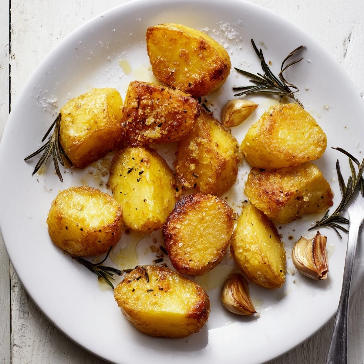 Close-up of Perfect Crispy Roast Potatoes, golden-brown with crunchy edges and fluffy centers, served hot on a rustic platter.