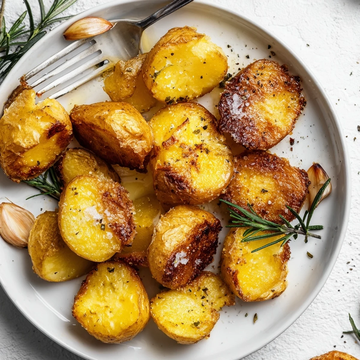 A serving of Perfect Crispy Roast Potatoes on a white plate, steam rising and golden texture visible, perfect for vegetarian meals.
