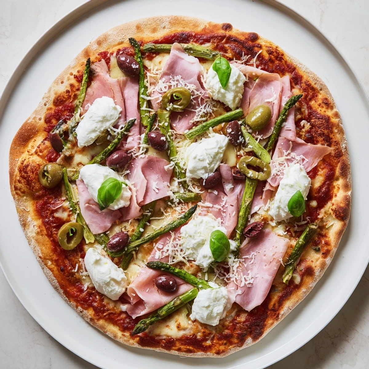 Overhead view of a freshly baked Ham, Olive, Asparagus, and Ricotta Pizza with mozzarella melt and fresh basil garnish.